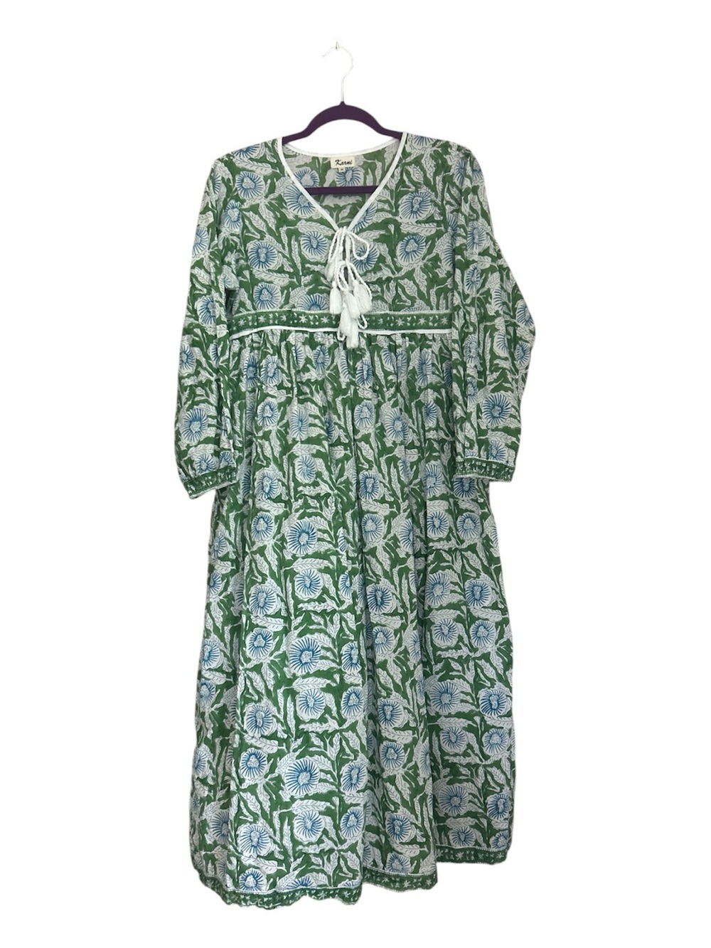 Karni Hand Block Print Cotton Floral Boho Maxi Dress Green V-Neck Tassel Size M